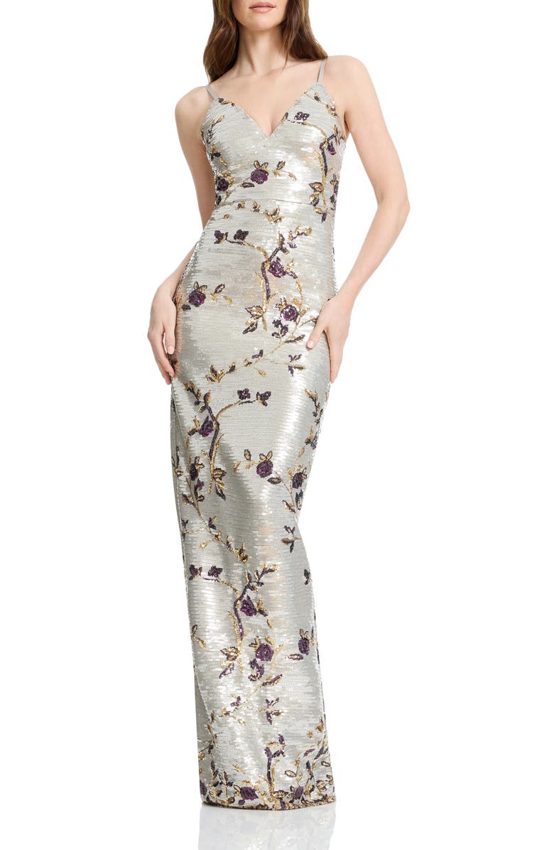 Dress the Population Cammie Sequin Floral Gown, Main, color, Pearl Multi