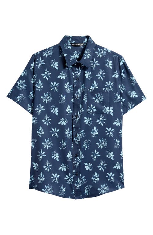 Travismathew Seamate Floral Short Sleeve Button-up Shirt In Total Eclipse/cory Blue