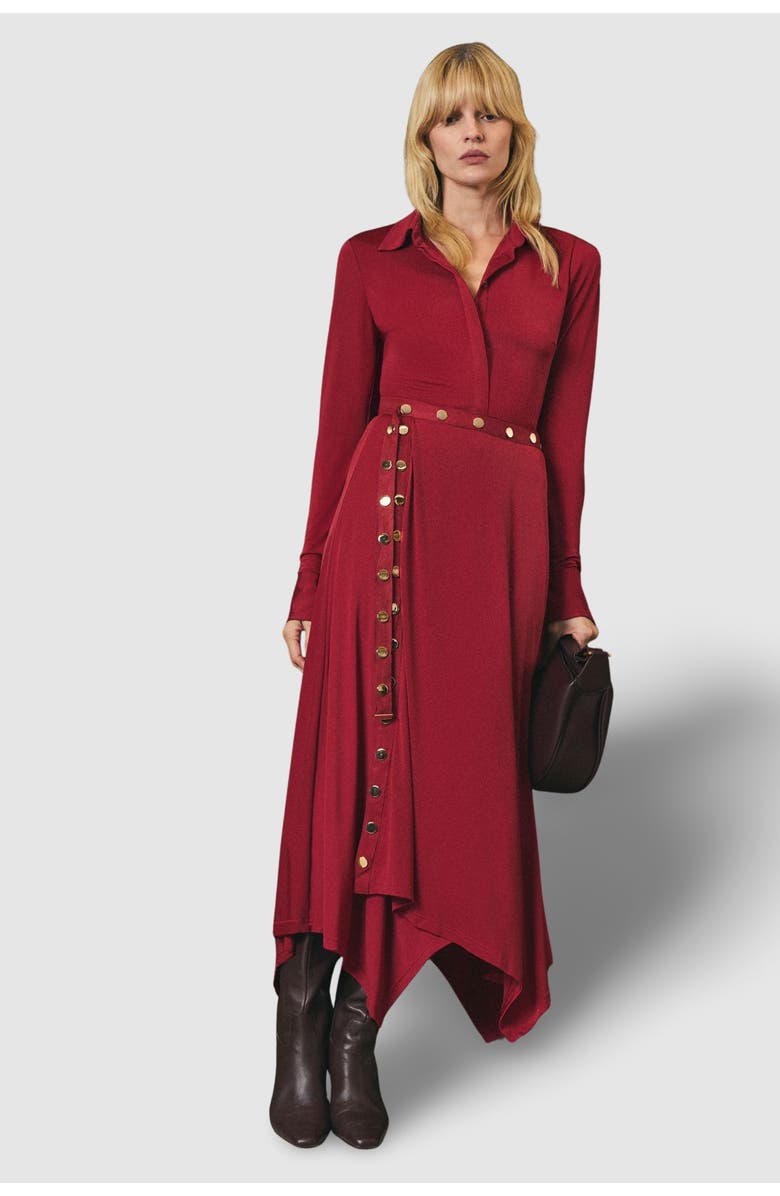 Karen Millen Crepe Hanky Hem Eyelet Maxi Skirt, Alternate, color, Burgundy