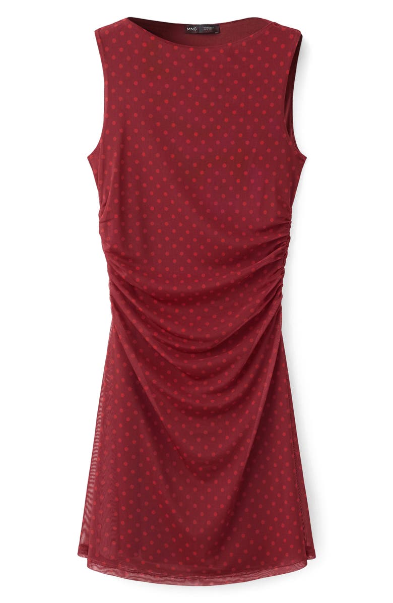 MANGO Dot Print Ruched Sleeveless Tulle Minidress, Alternate, color, Red