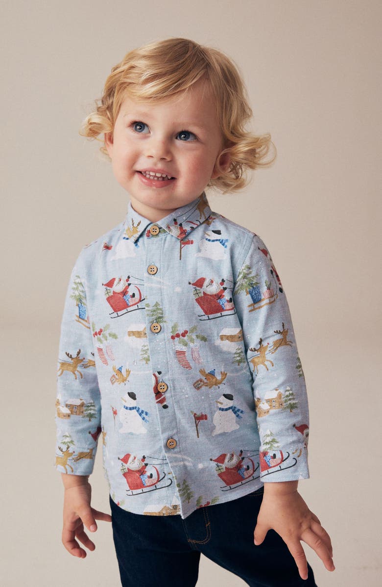 NEXT Kids' Santa Print Cotton Button-Up Shirt, Alternate, color, Blue
