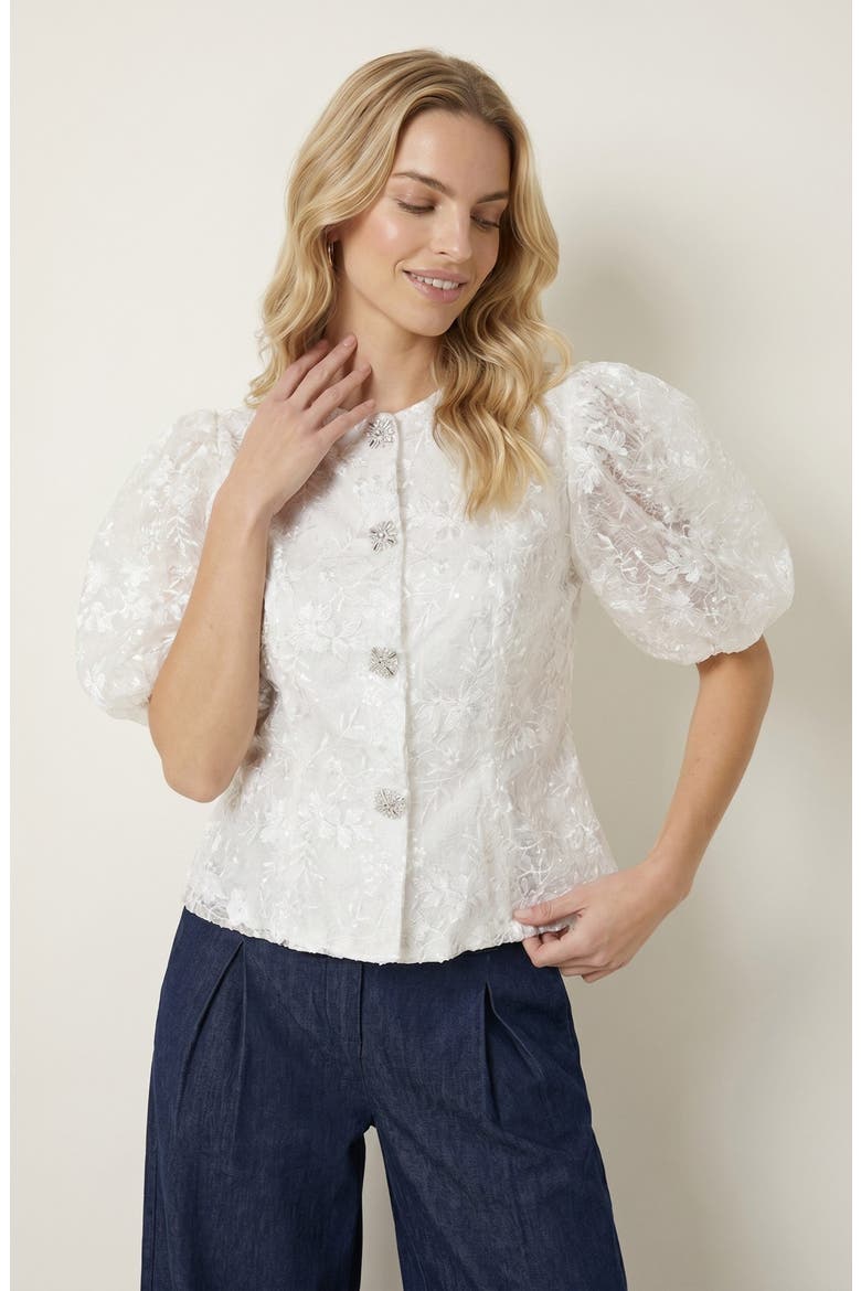 Floral Lace Puff Sleeve Top, Main, color, White