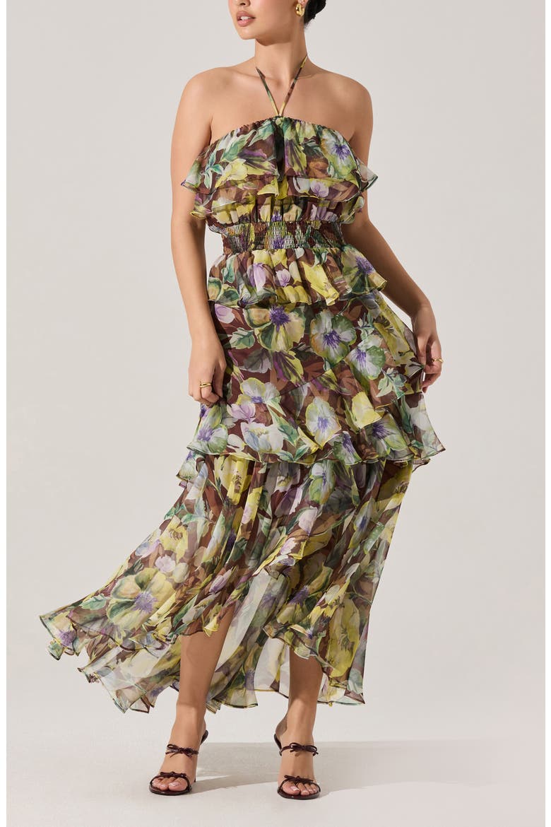 Elena Floral Print Chiffon Halter Dress, Main, color, BROWN YELLOW FLORAL
