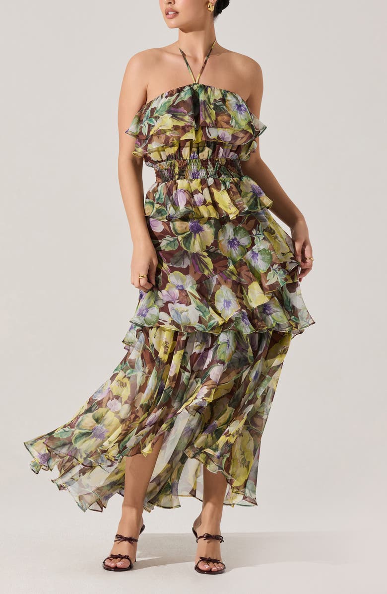 ASTR the Label Elena Floral Print Chiffon Halter Dress, Main, color, Brown Yellow Floral