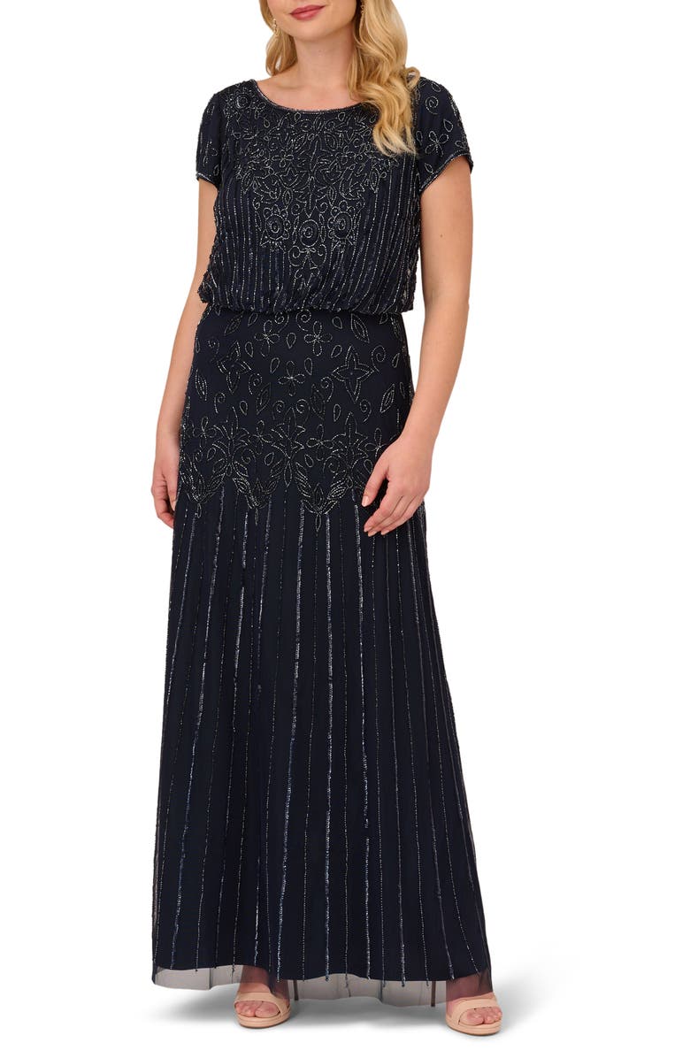 Adrianna Papell Beaded Blouson Gown, Main, color, Navy