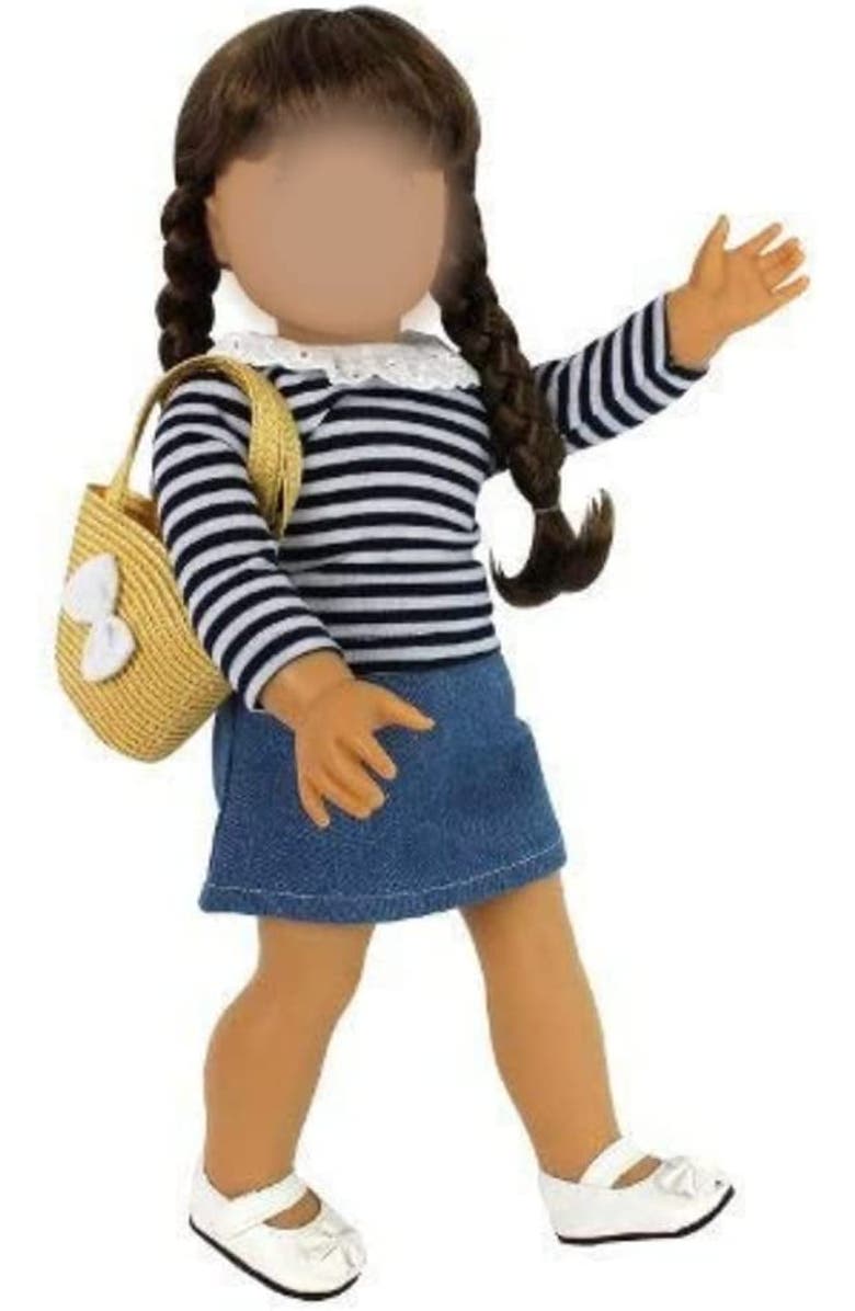 Dress Along Dolly Casual Back to School Day Doll Outfit for American 18" Girl Dolls - 4 Piece Clothes Set Costume Includes Shirt, Skirt, Shoes, & Purse, Main, color, Blue
