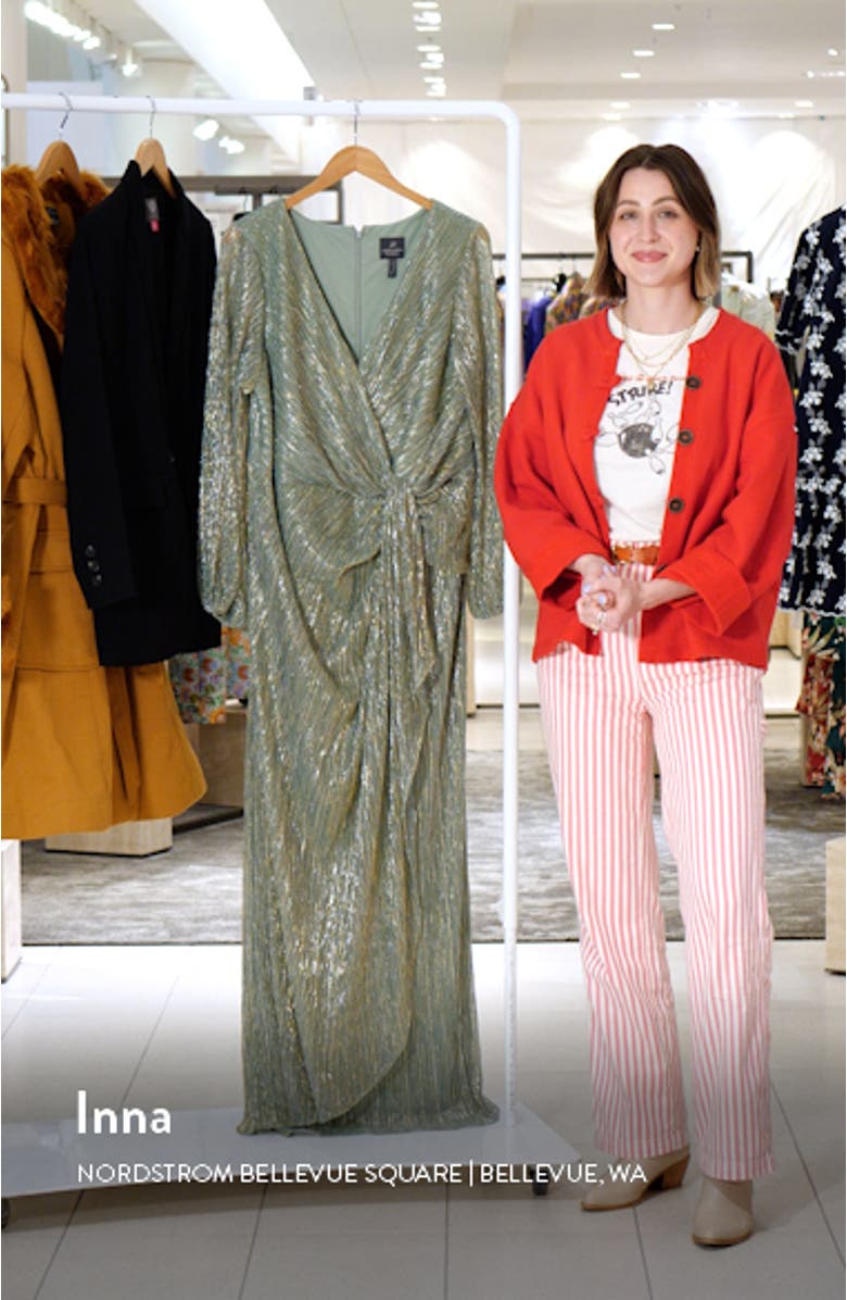 Metallic Long Sleeve Mesh Evening Gown, sales video thumbnail