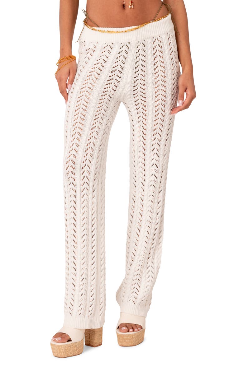 EDIKTED Elektra Sheer Open Knit Cover-Up Pants, Main, color, White