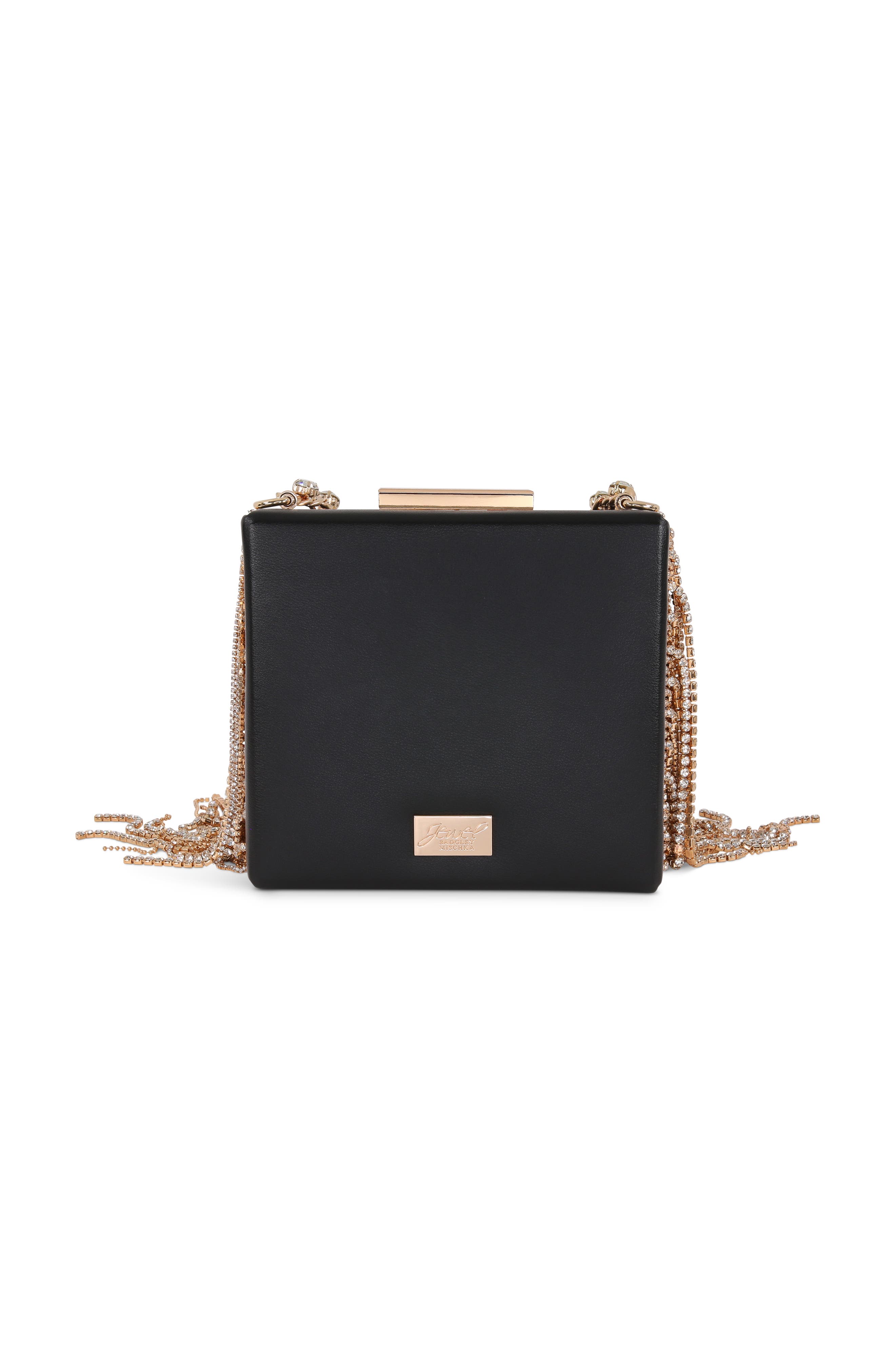 Jewel Badgley Mischka Ryker Leather Crystal Fringed Box Clutch, Alternate, color, Black