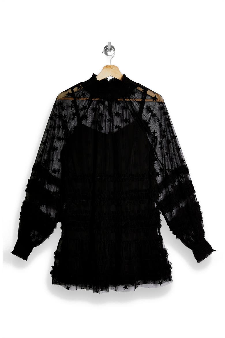 Star Mesh Long Sleeves Minidress, Alternate, color, BLACK