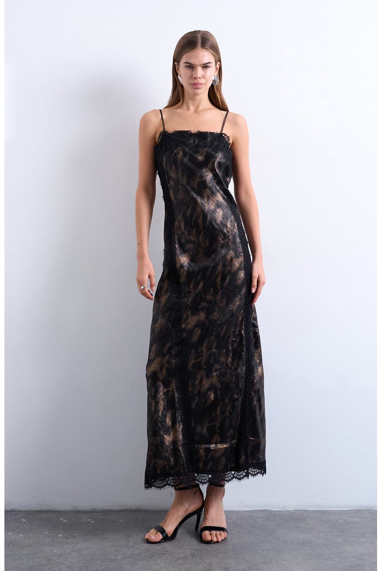 Lace Trim Satin Maxi Dress, Main, color, SILVER BLACK PRINT