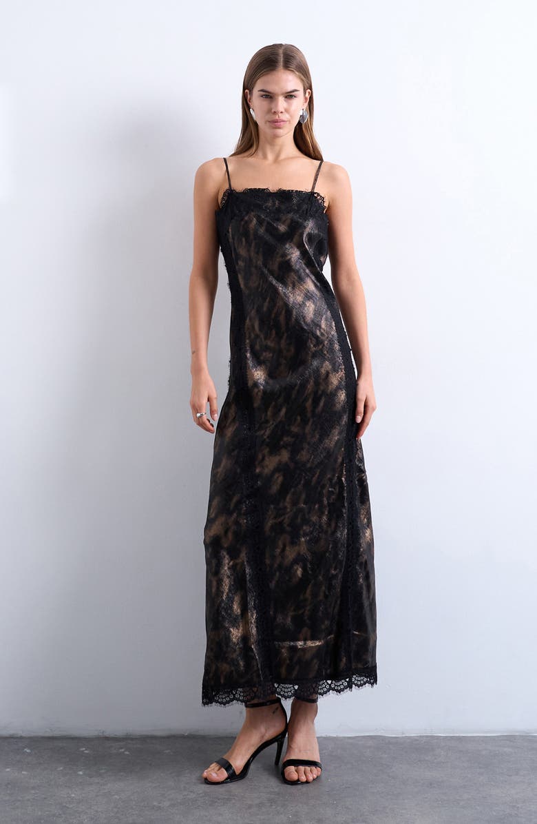Topshop Lace Trim Satin Maxi Dress, Main, color, Silver Black Print