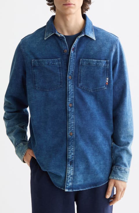 Indigo Jersey Knit Button-Up Shirt
