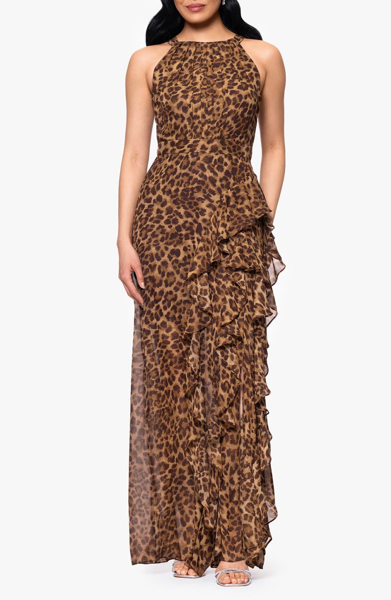Betsy & Adam Leopard Print Ruffle Detail Chiffon Sheath Gown, Main, color,