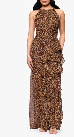 Leopard Print Ruffle Detail Chiffon Sheath Gown