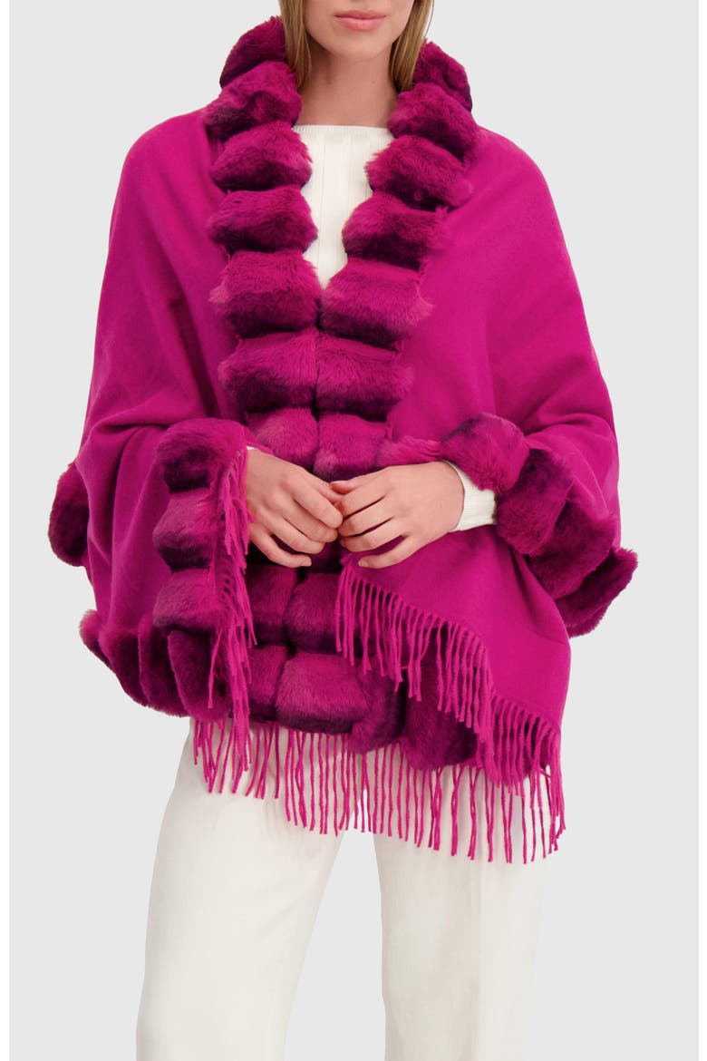 Cashmere & Wool Blend Cape With Fur-Free Chinchilla (Faux Fur) Trim, Alternate, color, FUSCHIA/FUSCHIA CHINCH