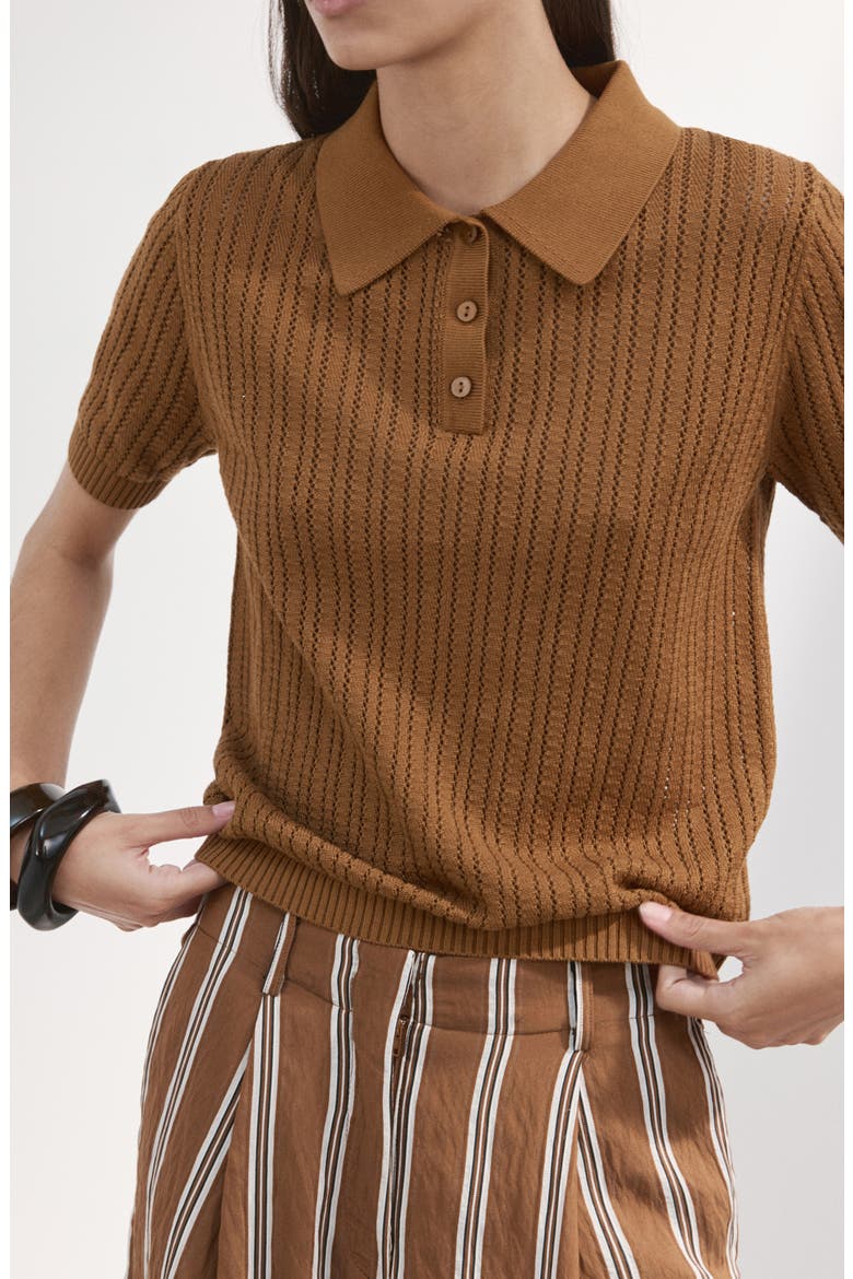 Open Stitch Cotton Polo Sweater, Alternate, color, CARAMEL