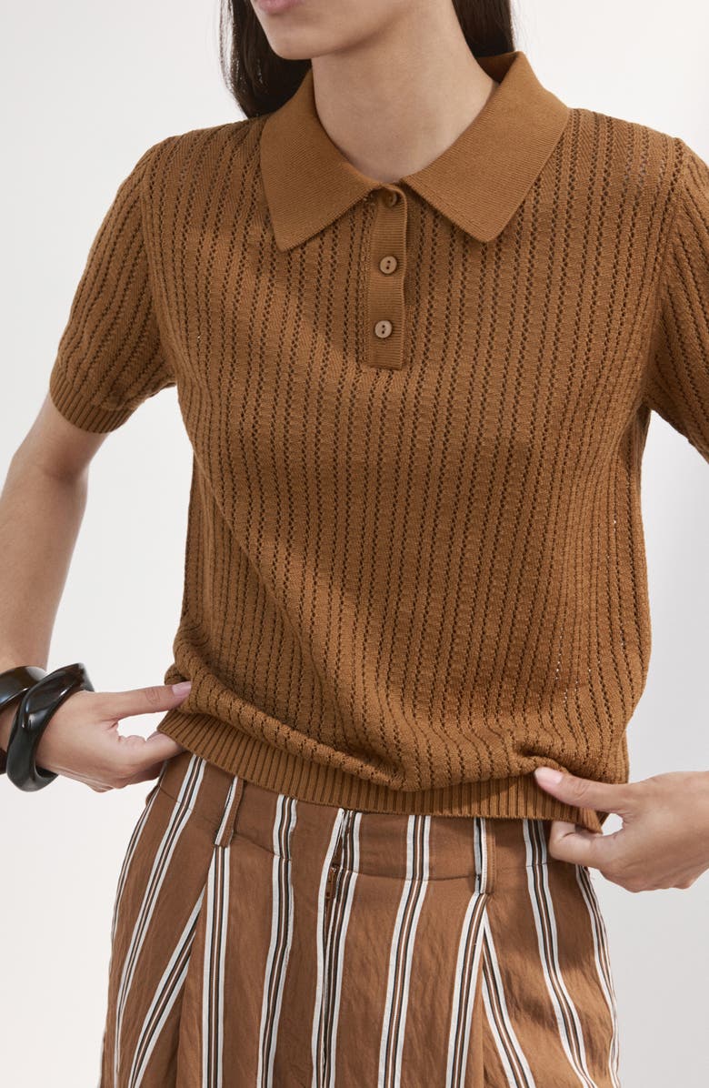 MANGO Open Stitch Cotton Polo Sweater, Alternate, color, Caramel