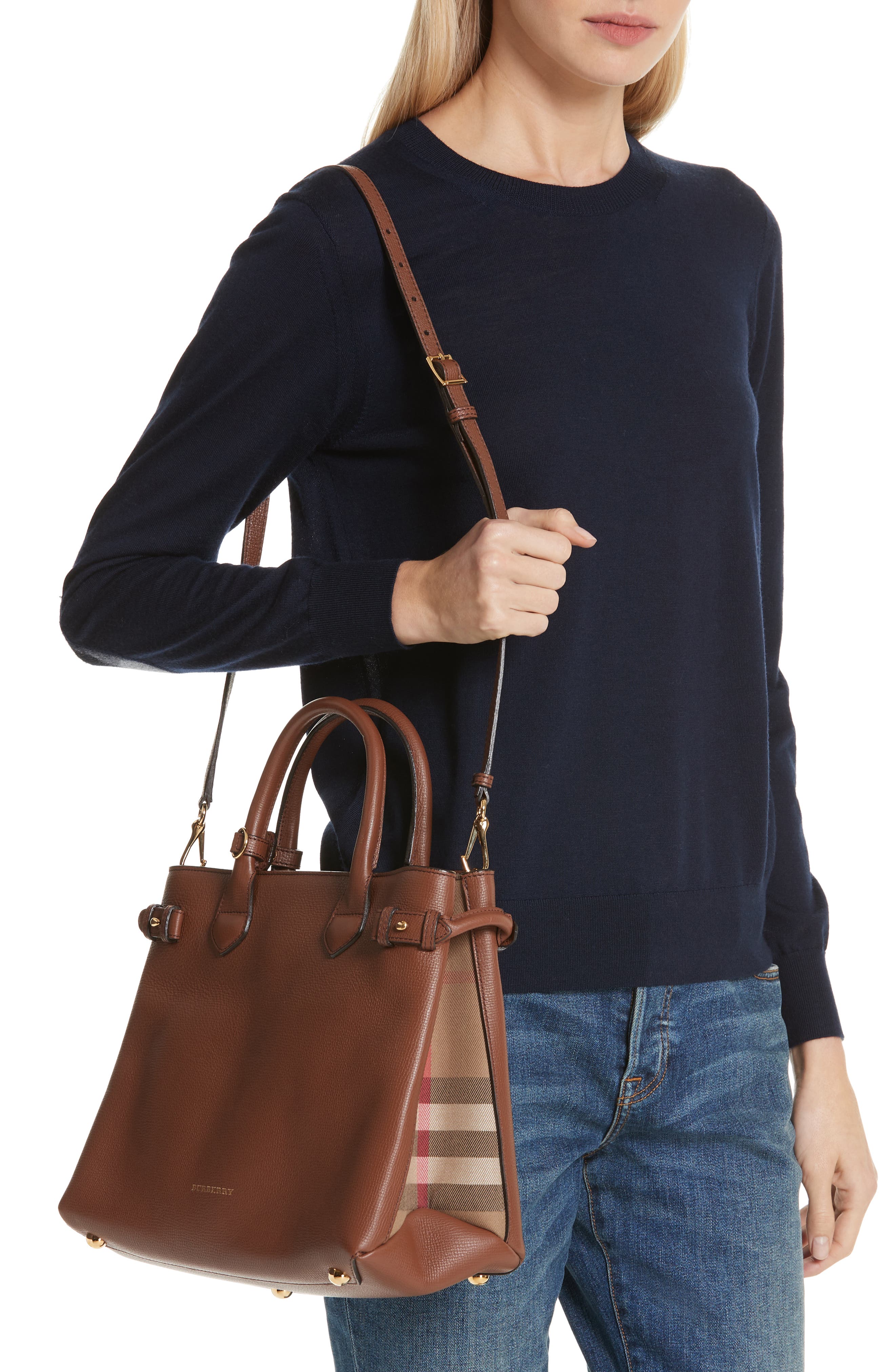 Burberry Medium Banner House Check Leather Tote, Alternate, color, 