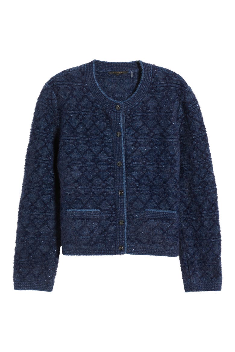 Evey Metalllic Jacquard Cardigan Sweater, Alternate, color, NAVY