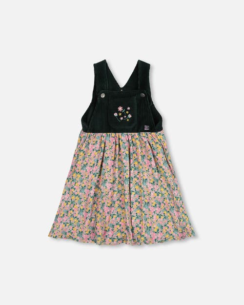 Deux Par Deux Bi-material Overall Dress With Flower In Green