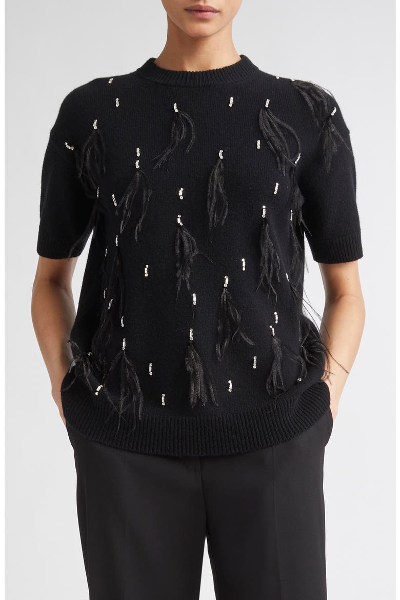 Oblo Crystal & Feather Embellished Short Sleeve Sweater, Main, color, BLACK