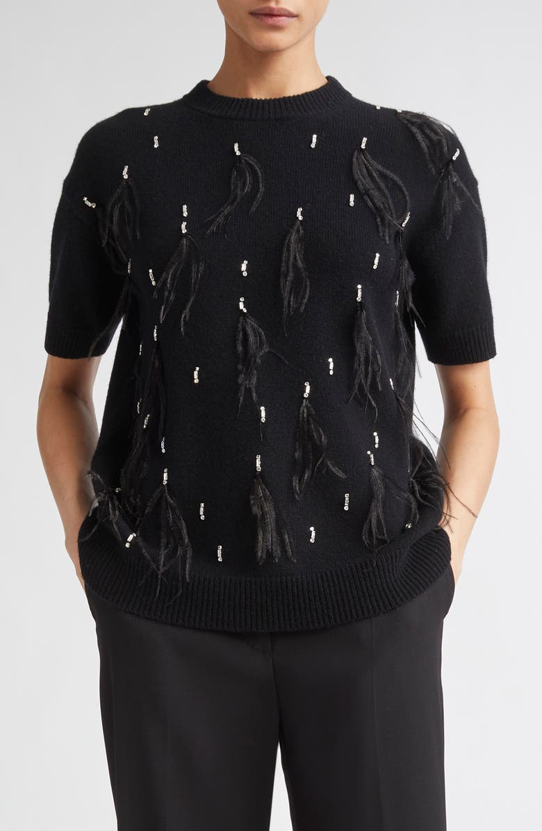 Max Mara Studio Oblo Crystal & Feather Embellished Short Sleeve Sweater, Main, color, Black