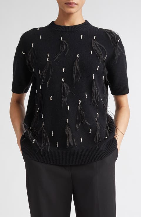 Oblo Crystal & Feather Embellished Short Sleeve Sweater