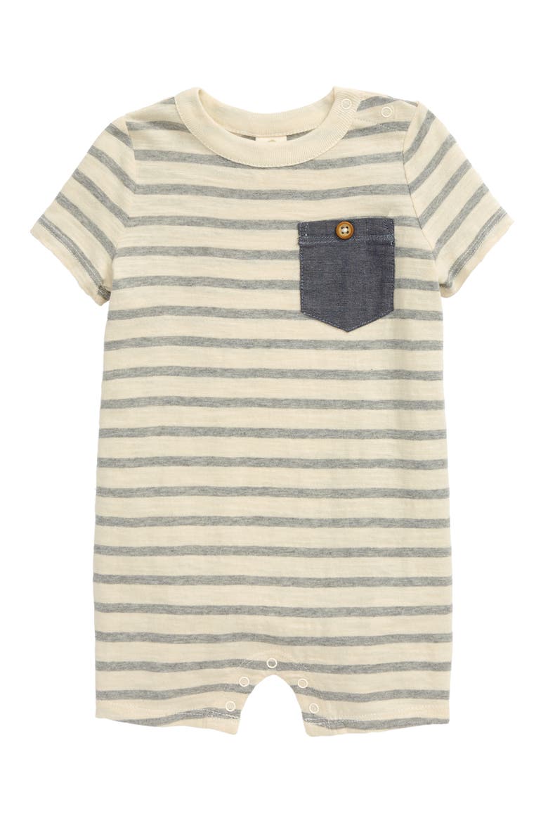 Chambray Pocket Romper, Main, color, IVORY DOVE- GREY STRIPE