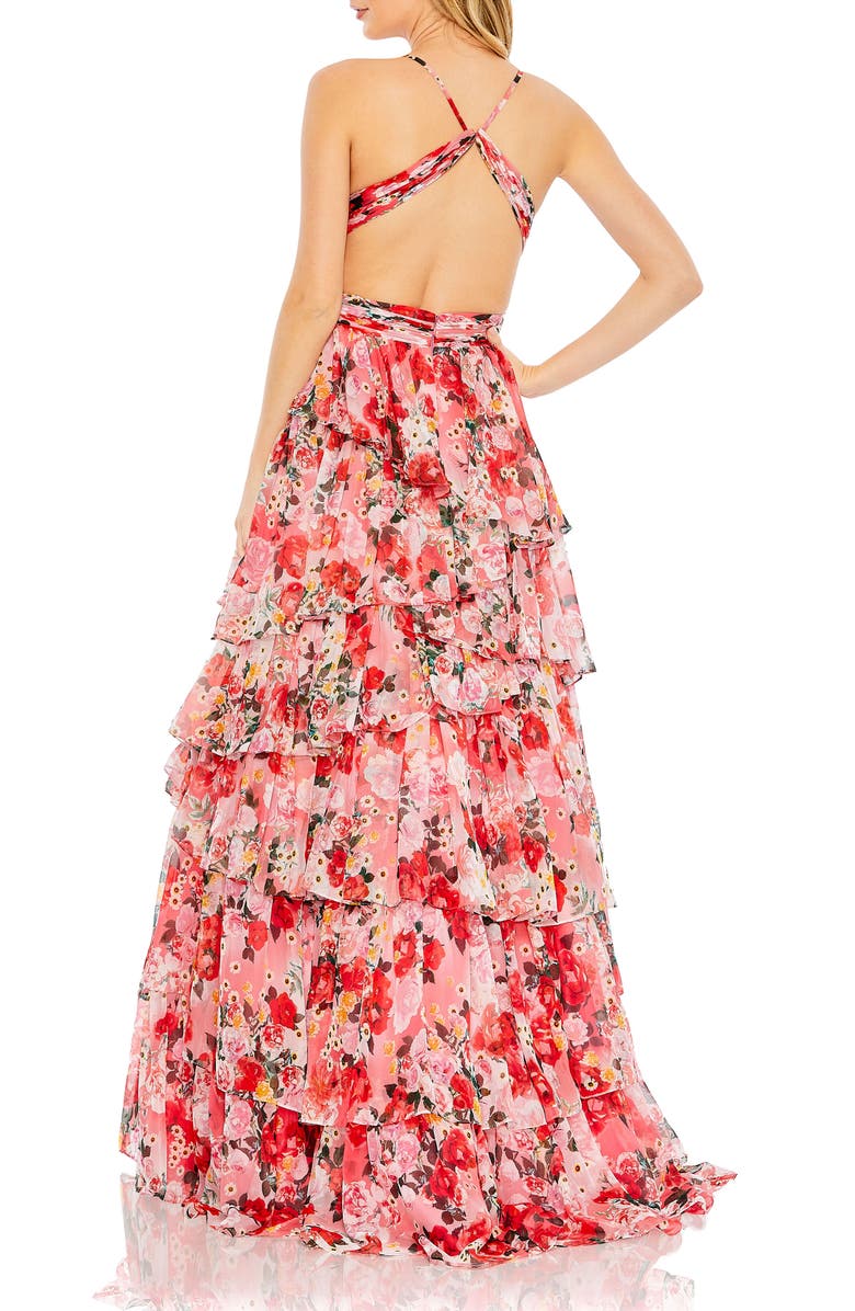 Mac Duggal Floral Printed Chiffon Ruffle Tiered Cut Out Ballgown, Alternate, color, Pink Multi