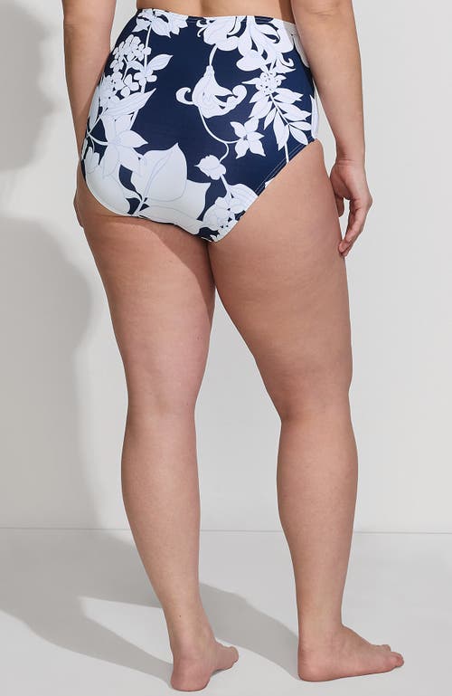 Shop Lands' End Sculpting Suit Chlorine Resistant Targeted Control Retro High Waisted Bikini Swim Bottoms In Deep Sea Navy/white Lilies