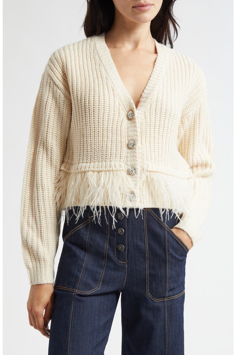 Krissi Embellished Button Feather Trim Cardigan, Main, color, GARDENIA