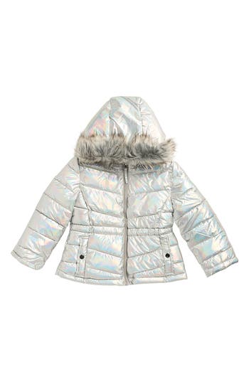 Rothschild Kids' Metallic Puffer Jacket With Faux Fur Trim In Gray