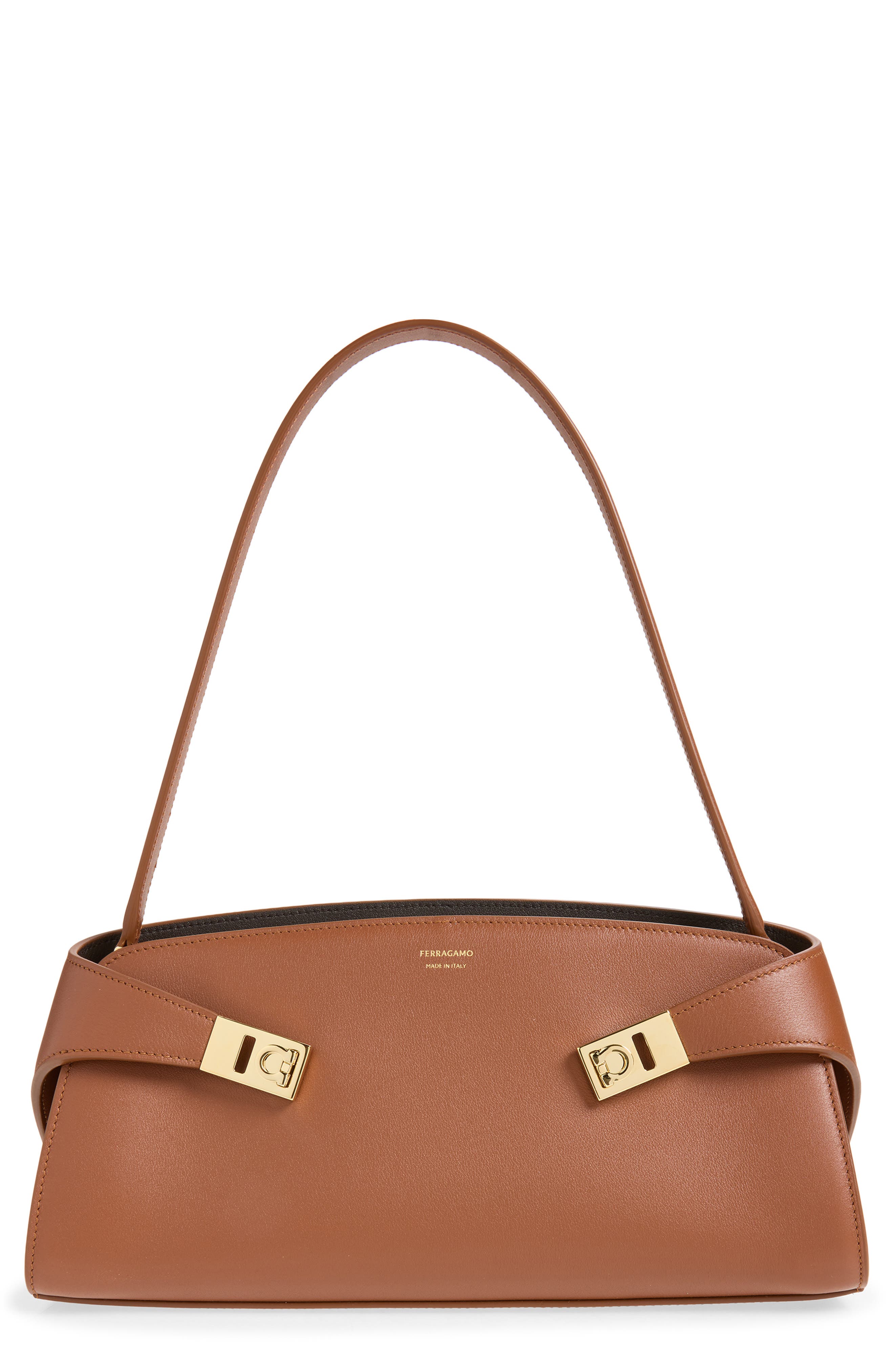 FERRAGAMO Hug Leather East/West Shoulder Bag, Main, color, New Cognac T Di Moro