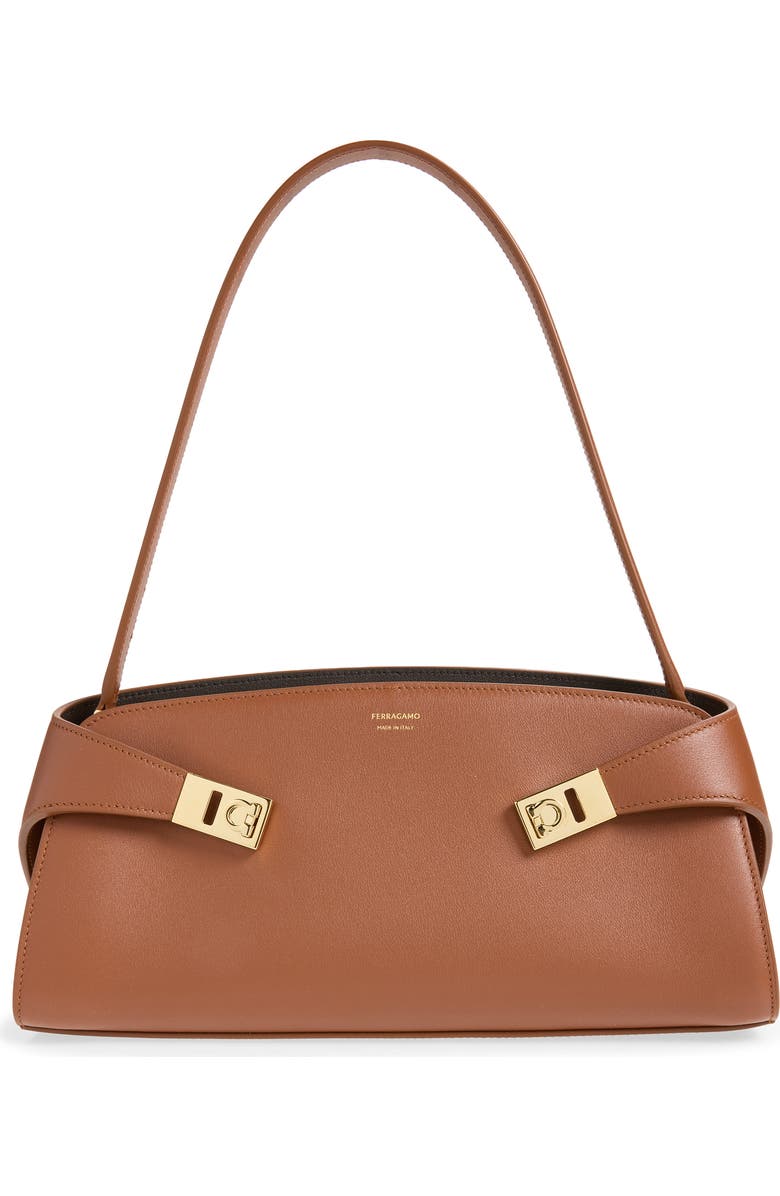 FERRAGAMO Hug Leather East/West Shoulder Bag, Main, color, New Cognac T Di Moro