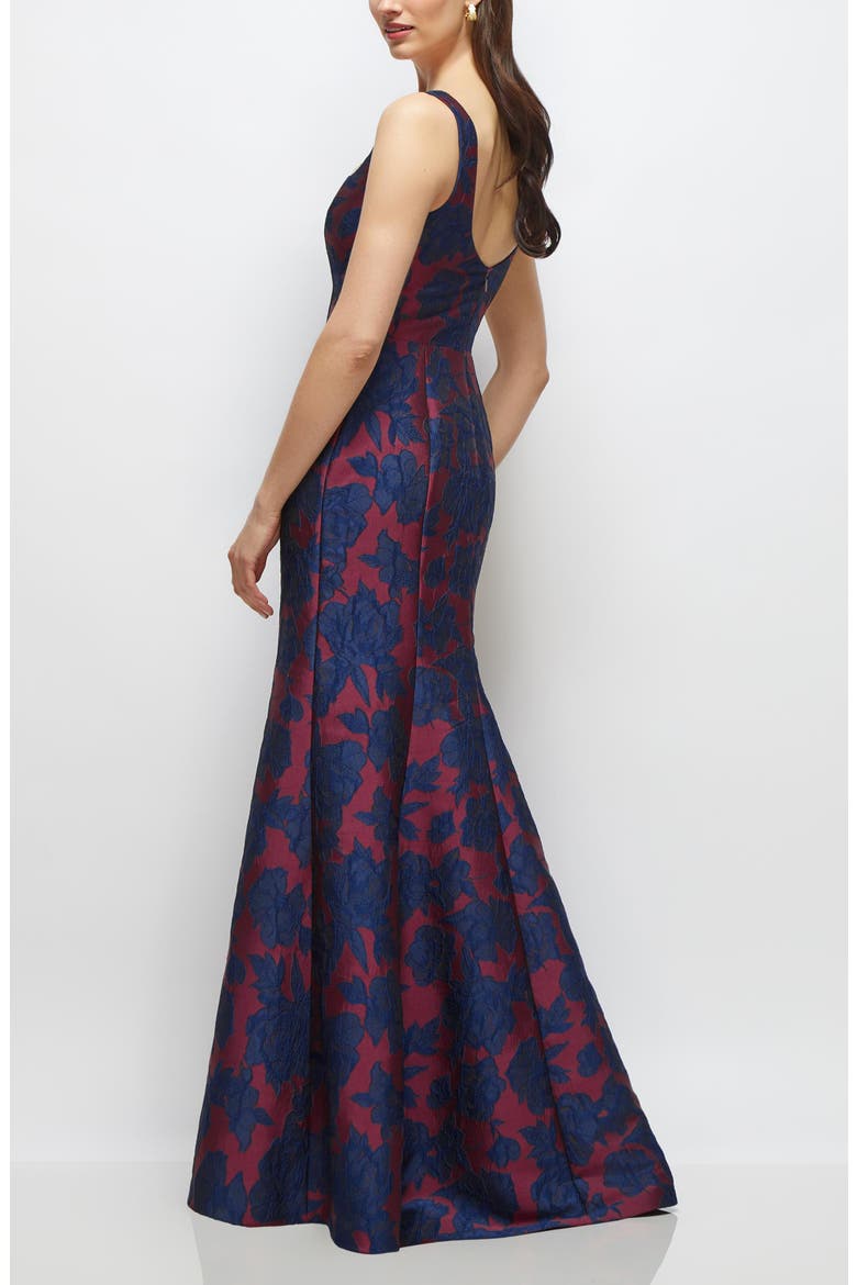 Floral Jacquard Sleeveless Trumpet Gown, Alternate, color, BURGUNDY NAVY FLORAL