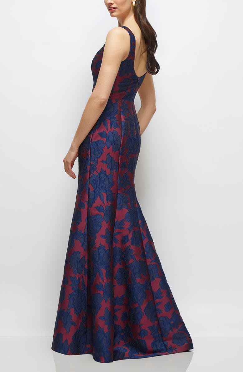 Dessy Collection Floral Jacquard Sleeveless Trumpet Gown, Alternate, color, Burgundy Navy Floral