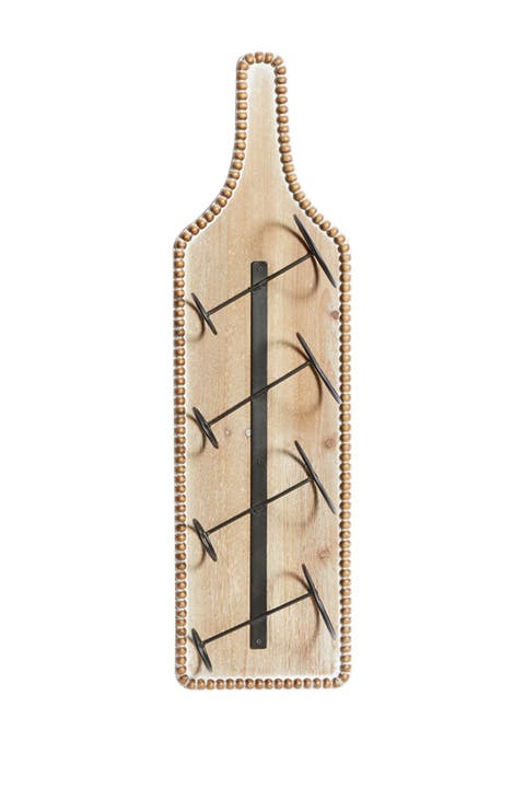 Brown Wood Bottle Shaped Wall Wine Rack with Beaded Frame