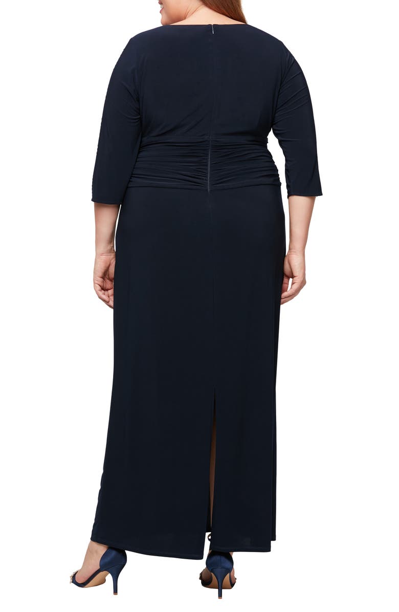 SL FASHIONS Embellished Sleeve Ruched Gown, Alternate, color, Navy