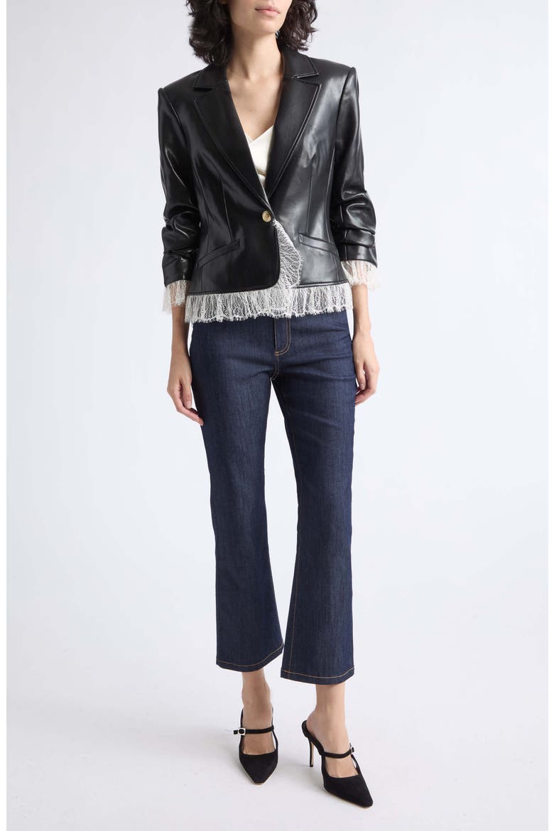 Le Petit Faux Leather Lace Trim Blazer, Alternate, color, BLACK/ IVORY