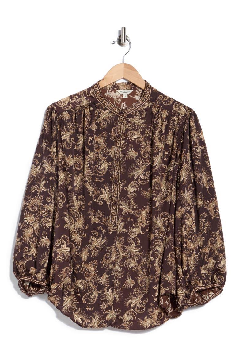 Print Half Placket Top, Main, color, CHOCOLATE PAISLEY TAILS