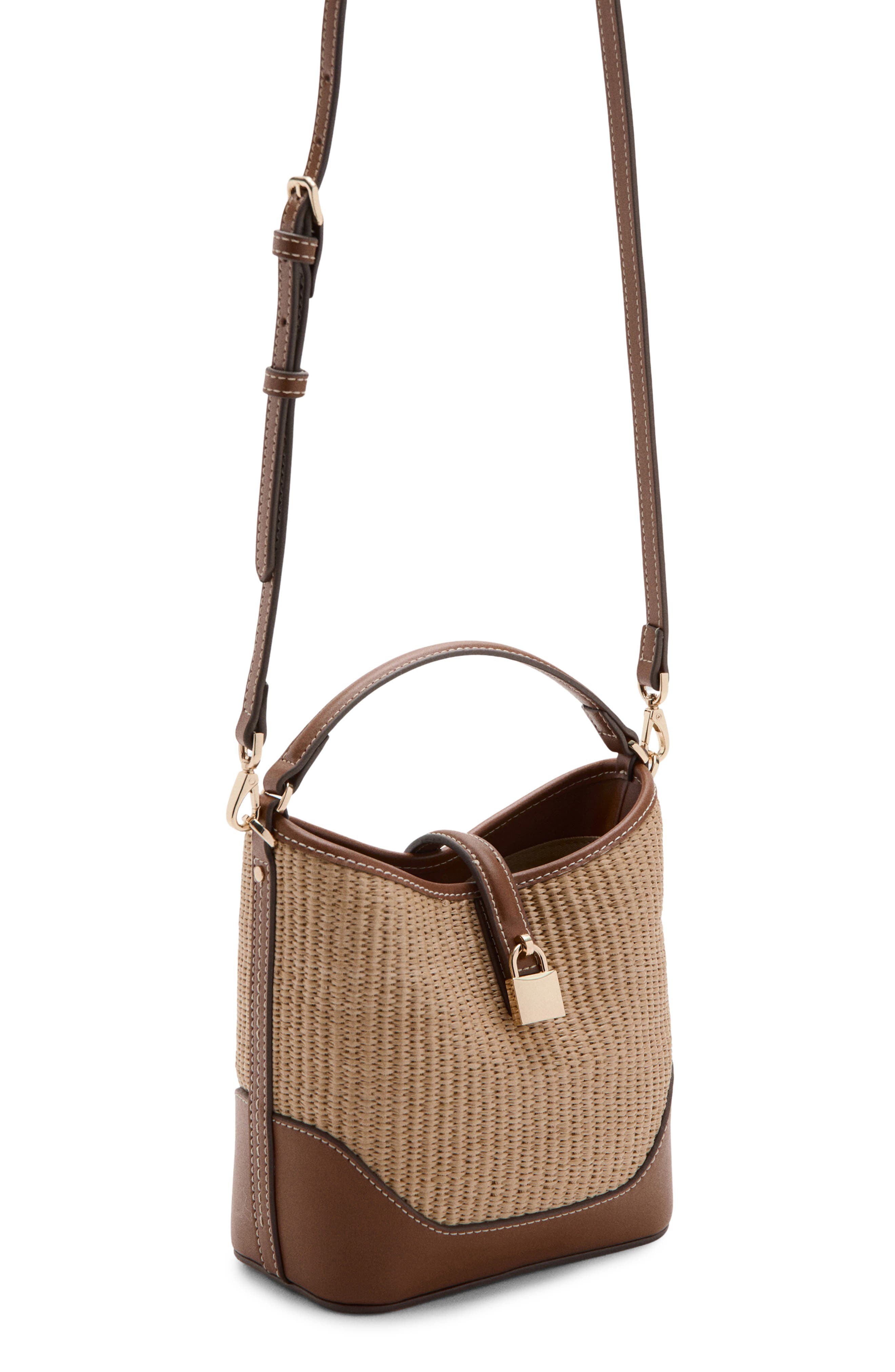 MANGO Contrasting Canvas & Faux Leather Bucket Bag, Alternate, color, Leather
