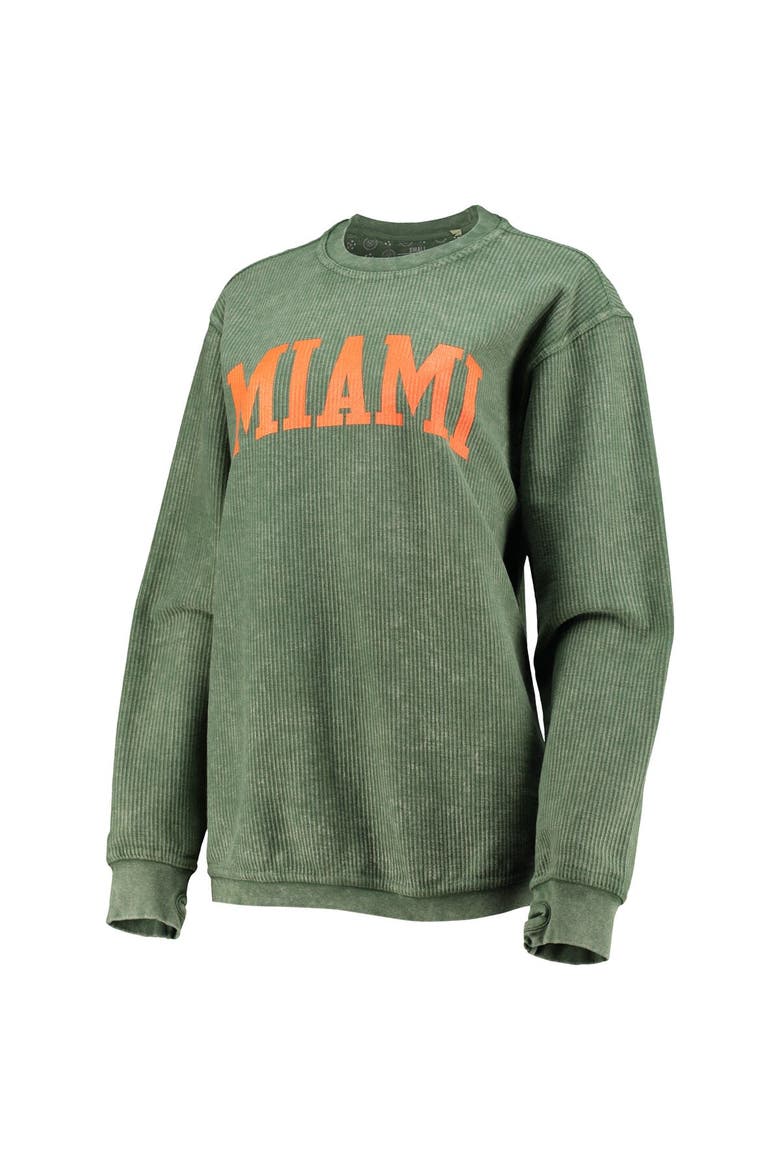 Women's Pressbox Green Miami Hurricanes Comfy Cord Vintage Wash Basic Arch Pullover Sweatshirt, Alternate, color, Hunter Green