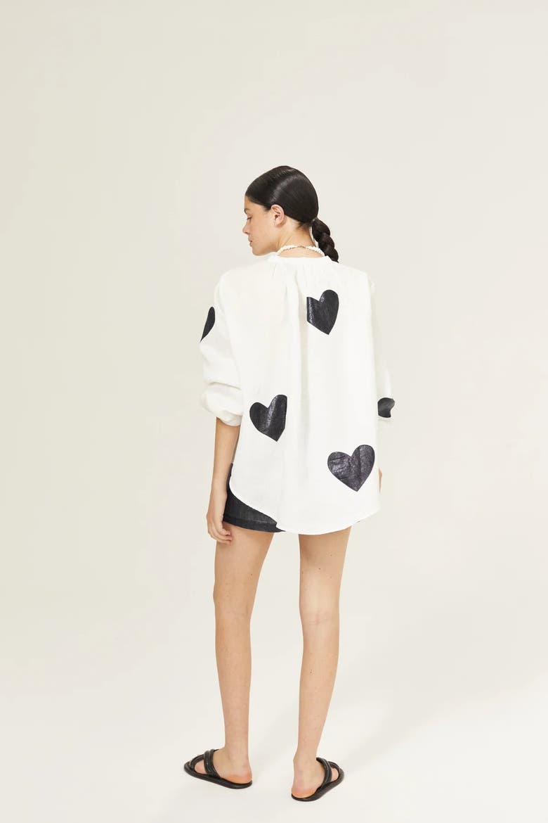 Cupid Linen Shirt with Metallic Hearts, Alternate, color, Off-White