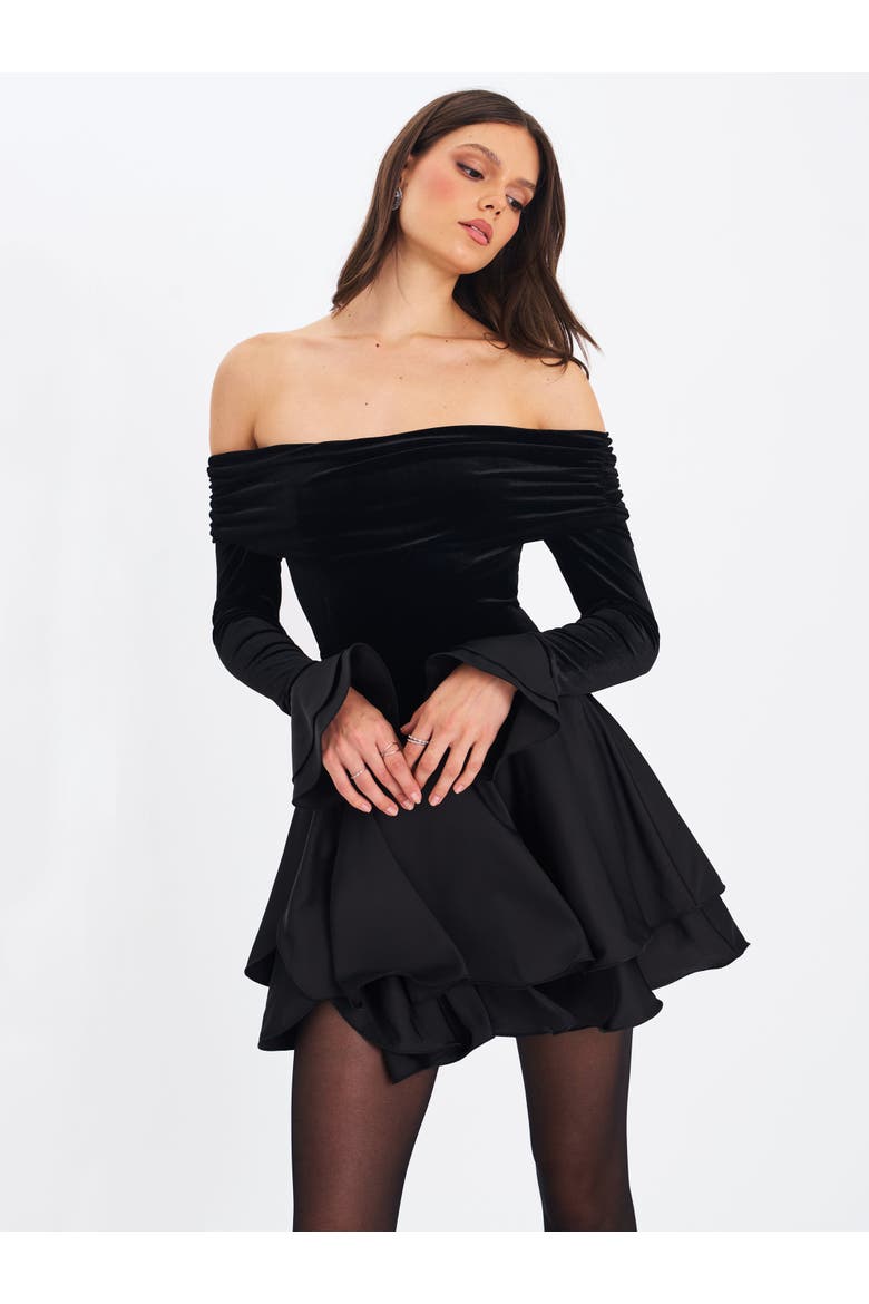 Magnolia Off-Shoulder Layered Satin Mini Dress, Alternate, color, Black