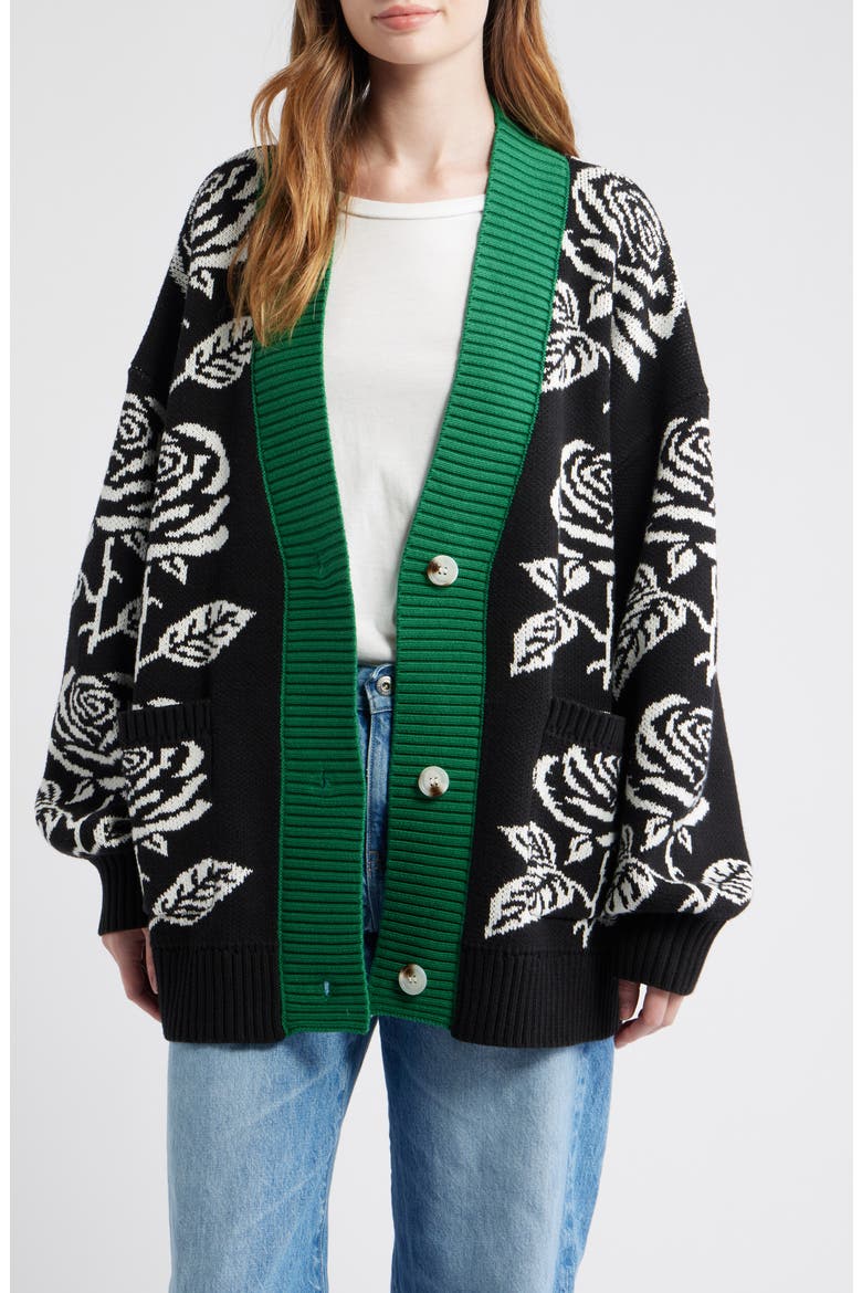 Rose Oversize Cotton Blend Cardigan, Main, color, BLACK