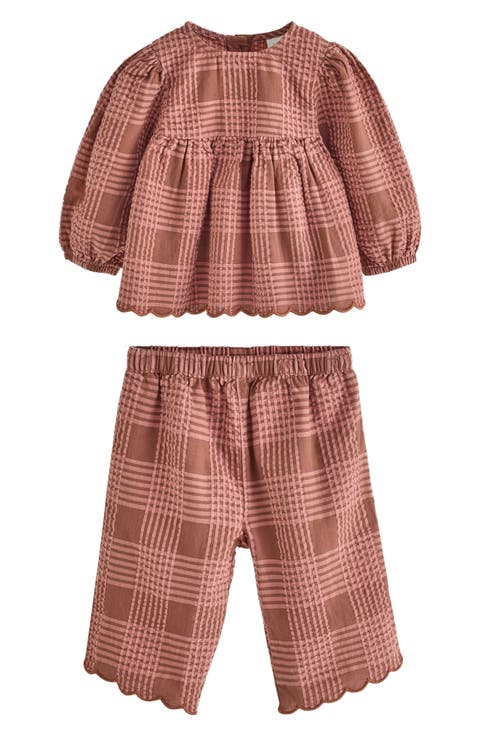 Scalloped Hem Plaid Top & Pants Set