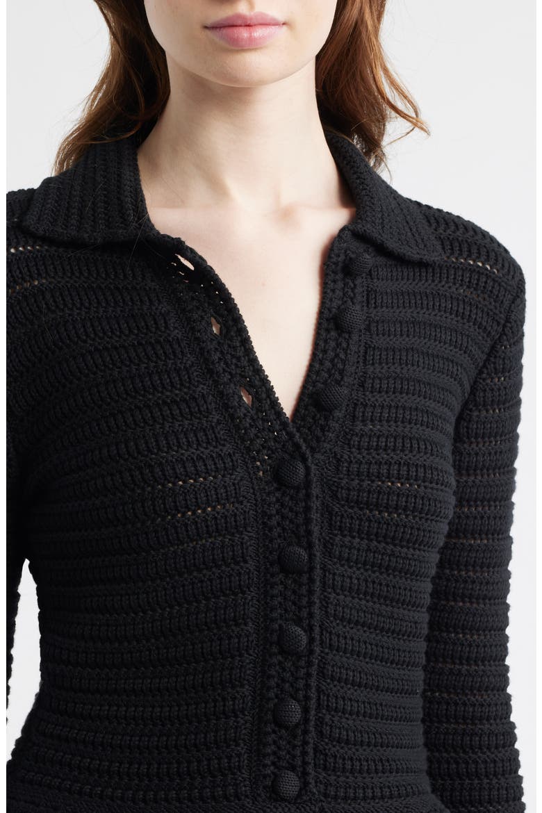 Pointelle Knit Peplum Cotton Cardigan, Alternate, color, JET BLACK