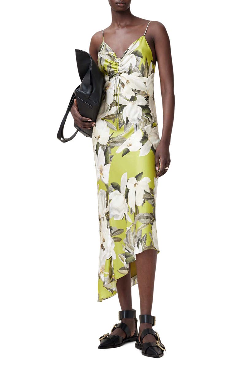 AllSaints Alexia Floral Satin Midi Slipdress, Alternate, color, Revive Stem Green