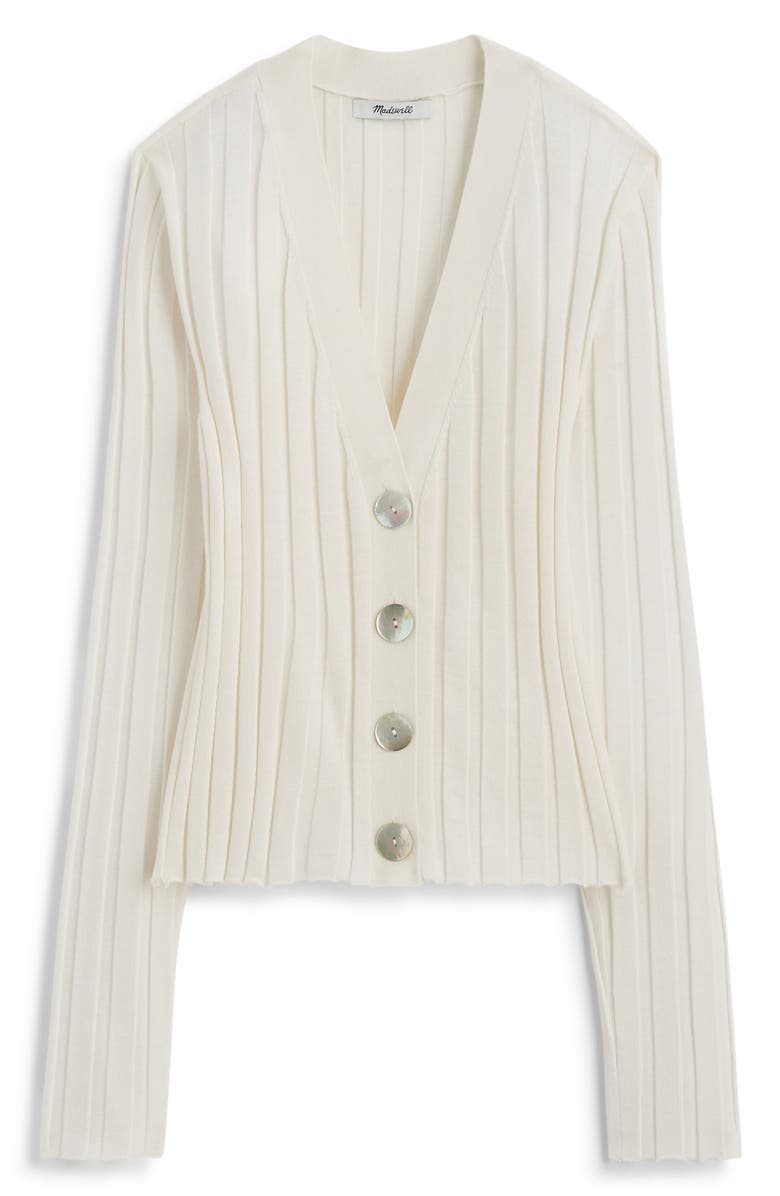 Madewell Rib V-Neck Merino Wool & Silk Cardigan, Alternate, color, Ivory